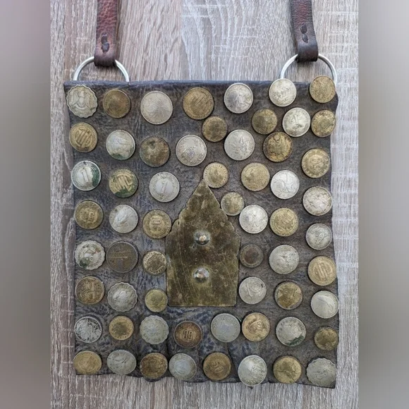 Vintage Collectible 1800s Moroccan Berber Leather Water Seller Bag Purse W Coins - Picture 8 of 13